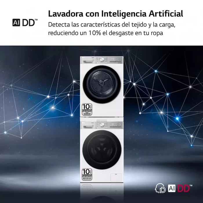 LG Torre de Lavado, Blanca, Lavadora inteligente 13kg, 1400rpm, Un 10% mas eficiente que A + Secadora 10kg, A+++\tT, TORRE1310KG.SET.EEES.C